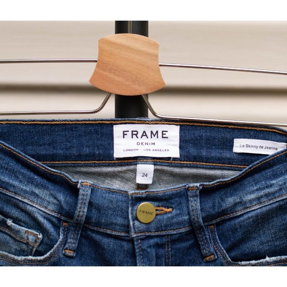 FRAME Womens Le Skinny de Jeanne Jeans Size 24 Blue Wash Frayed Cutoff Mid Rise - Picture 2 of 6